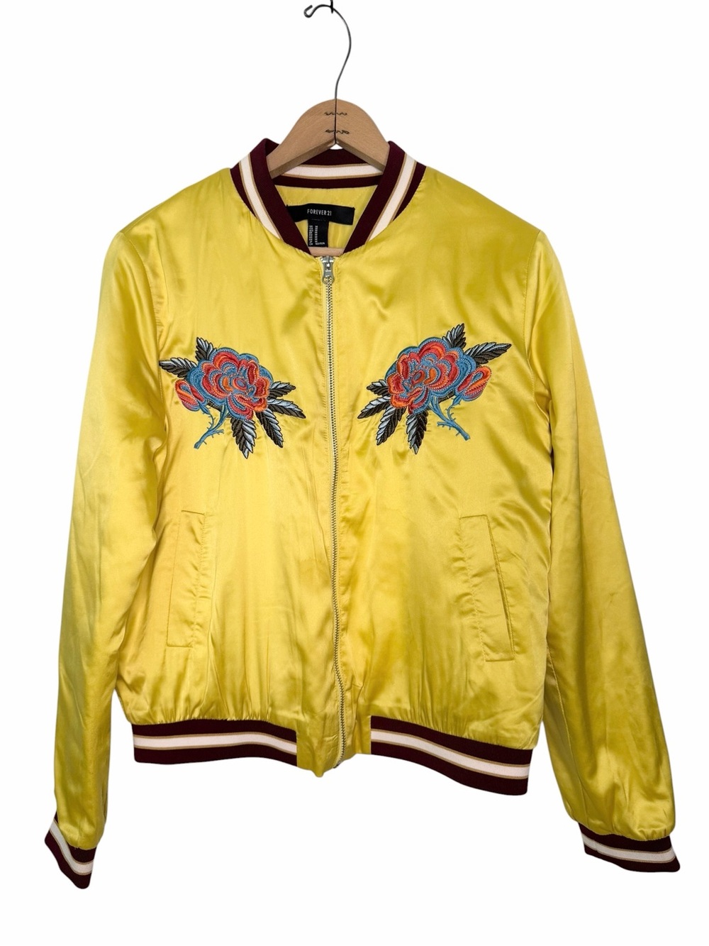 Forever 21 Yellow Satin Embroidered Bomber Jacket Size Medium - Picture 2 of 11